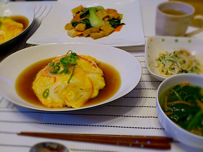 天津飯厚揚げとチンゲン菜の中華炒めもやしの胡麻マヨ和え中華スープ 中華で攻めっ 笑 Tommy Snapdish スナップディッシュ Id Q54j1a