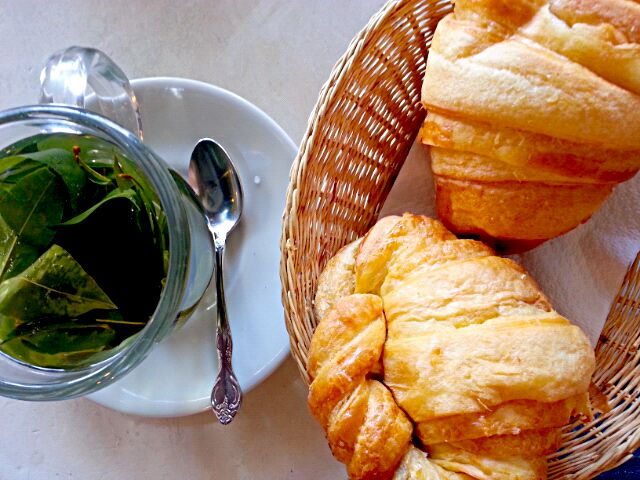Peruvian sweet croissant with Coca tea. As you know, Coca is good for mountain sickness!