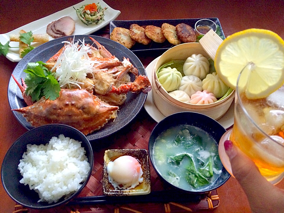 Today's Dinner🍴前菜･蘿蔔糕･包子･粉絲蟹煲･蛋花湯(ほうれん草と卵のｽｰﾌﾟ)