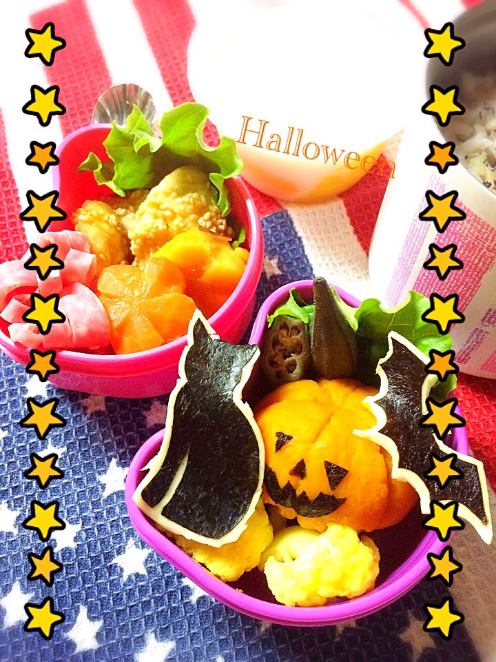 ハロウィンのお弁当 カボチャランタン ササミ胡麻揚げ ネコ コウモリ海苔チーズ 花ハム 安納芋 ニンジングラッセ 72rose Snapdish スナップディッシュ Id It0u9a