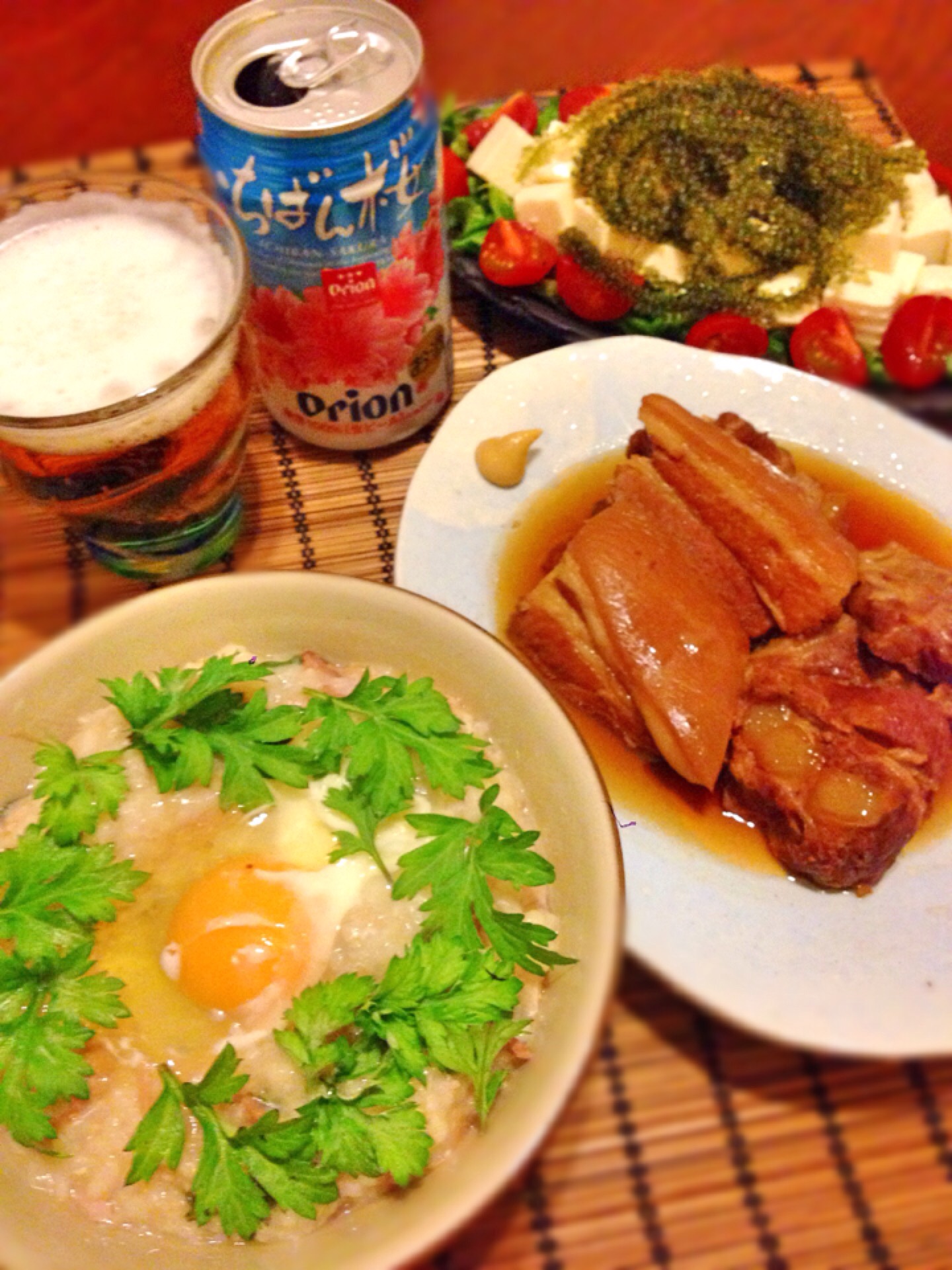 沖縄晩ごはん  フーチバージューシー  ラフテー&軟骨ソーキ煮込み  海ぶどうと豆腐のサラダ