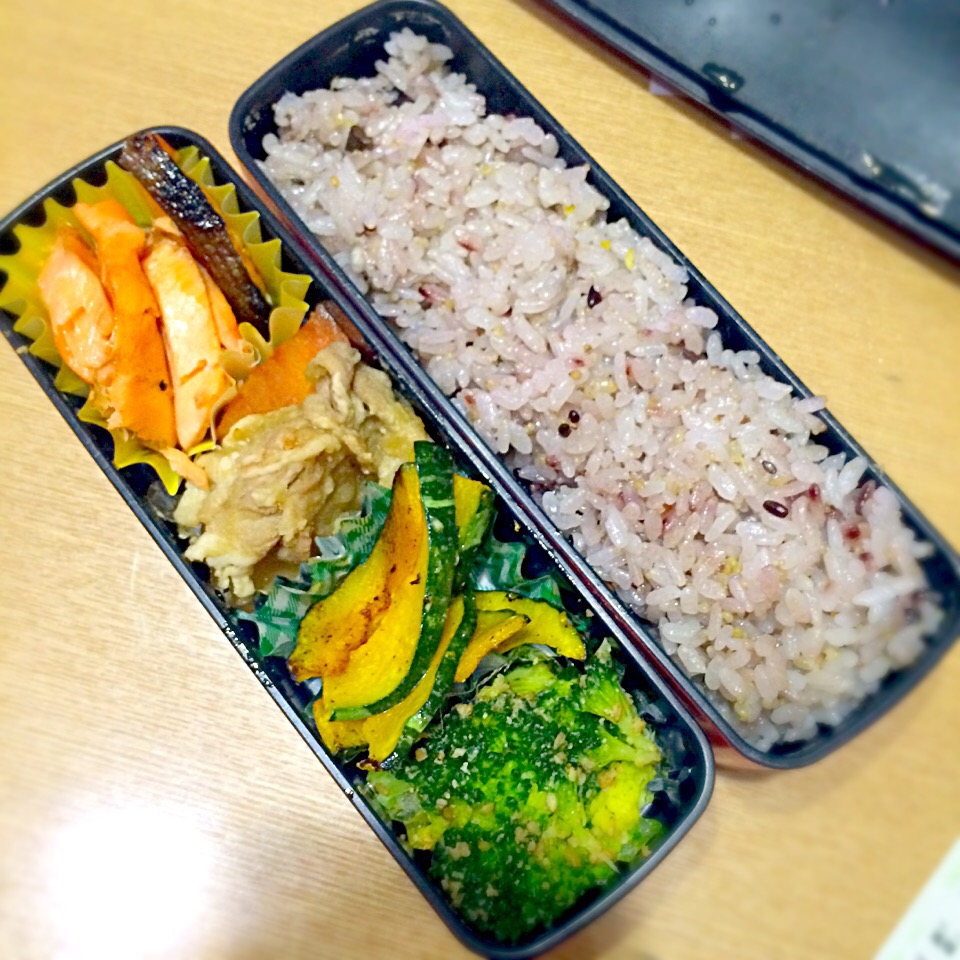 お弁当 焼き鮭 肉じゃが かぼちゃのマヨネーズソテー ブロッコリーの胡麻味噌和え 十六穀米 さき Snapdish スナップディッシュ Id E1abia