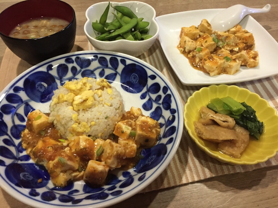 麻婆豆腐チャーハン 油揚げ小松菜の煮浸し 枝豆 大根なめこ味噌汁 まーまま Snapdish スナップディッシュ Id Ugpfea