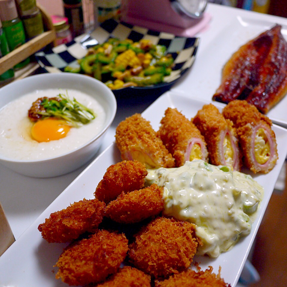 マヨ卵ロール ホタテフライのアボカドタルタルソース鰻蒲焼きガーリック納豆とろろエリンギとゴーヤのバター炒め 石川洋子 Snapdish スナップディッシュ Id 095uxa