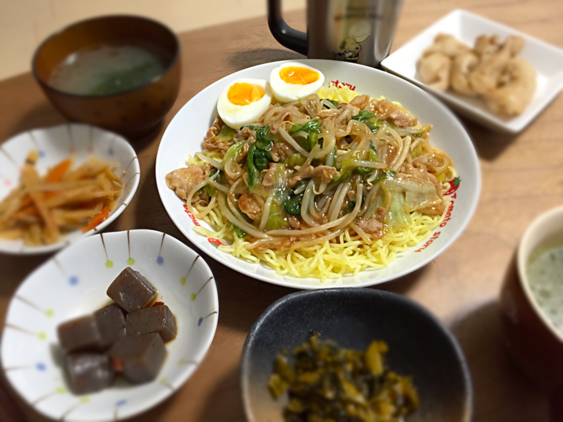 夜ご飯あんかけ焼きそばピリ辛こんにゃくきんぴらごぼう高菜煮わかめスープ鶏皮 さきちゃん Snapdish スナップディッシュ Id S9rioa