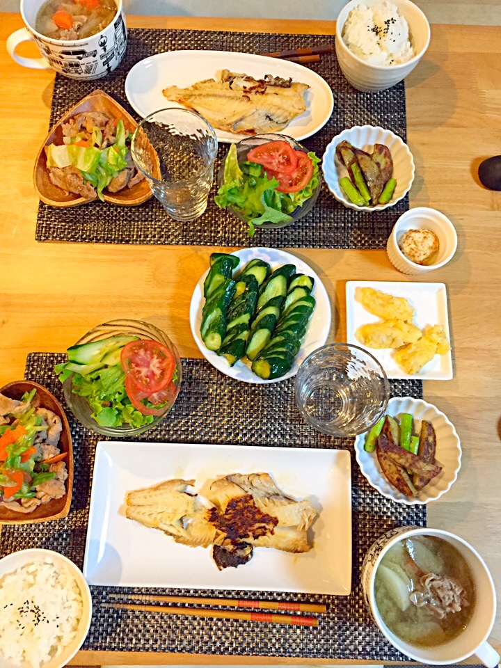 夜ご飯 粕漬け魚 野菜炒め じゃがいもとアスパラのバター炒め サラダ からし漬けきゅうり ご飯 豚汁 Kasumi Snapdish スナップディッシュ Id D0u0ea