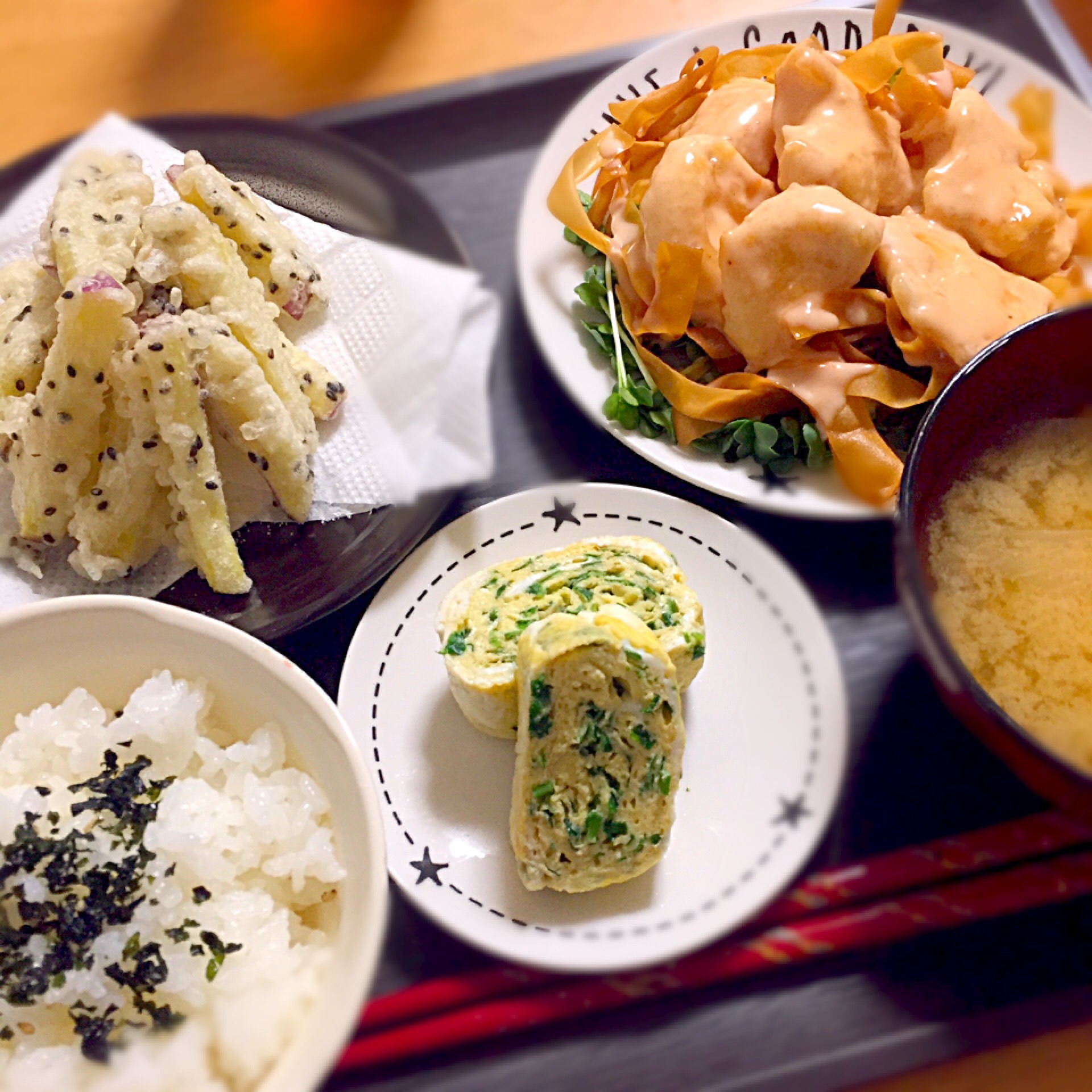 ✱とりマヨ
✱さつまいもの天ぷら
✱ニラ入り卵焼き
✱味噌汁