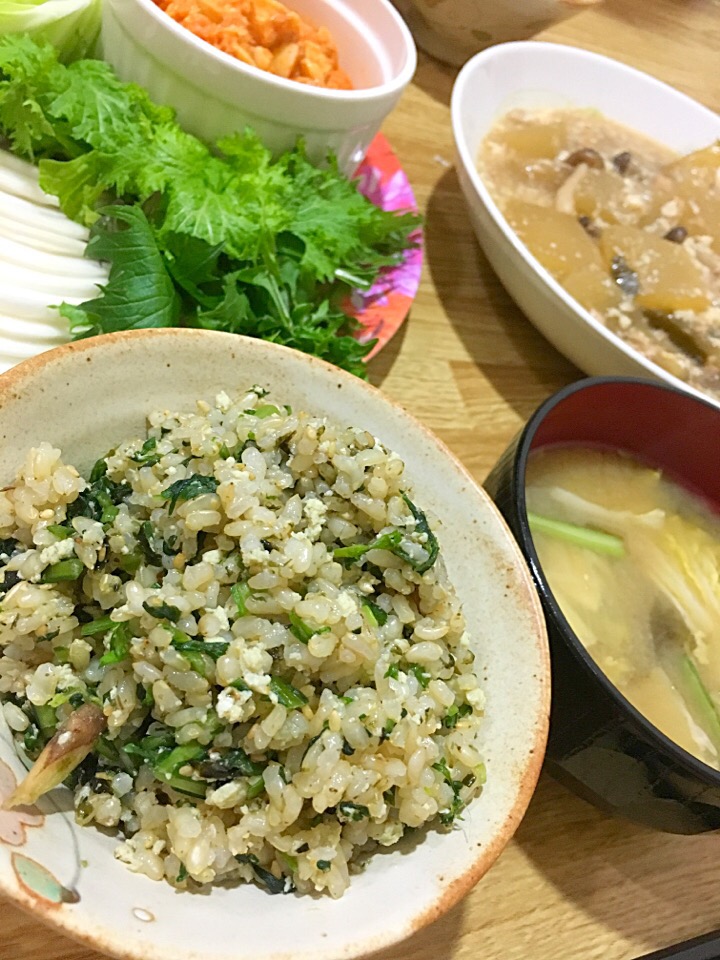 春菊と凍り豆腐と海苔で栄養満点混ぜご飯♪♪