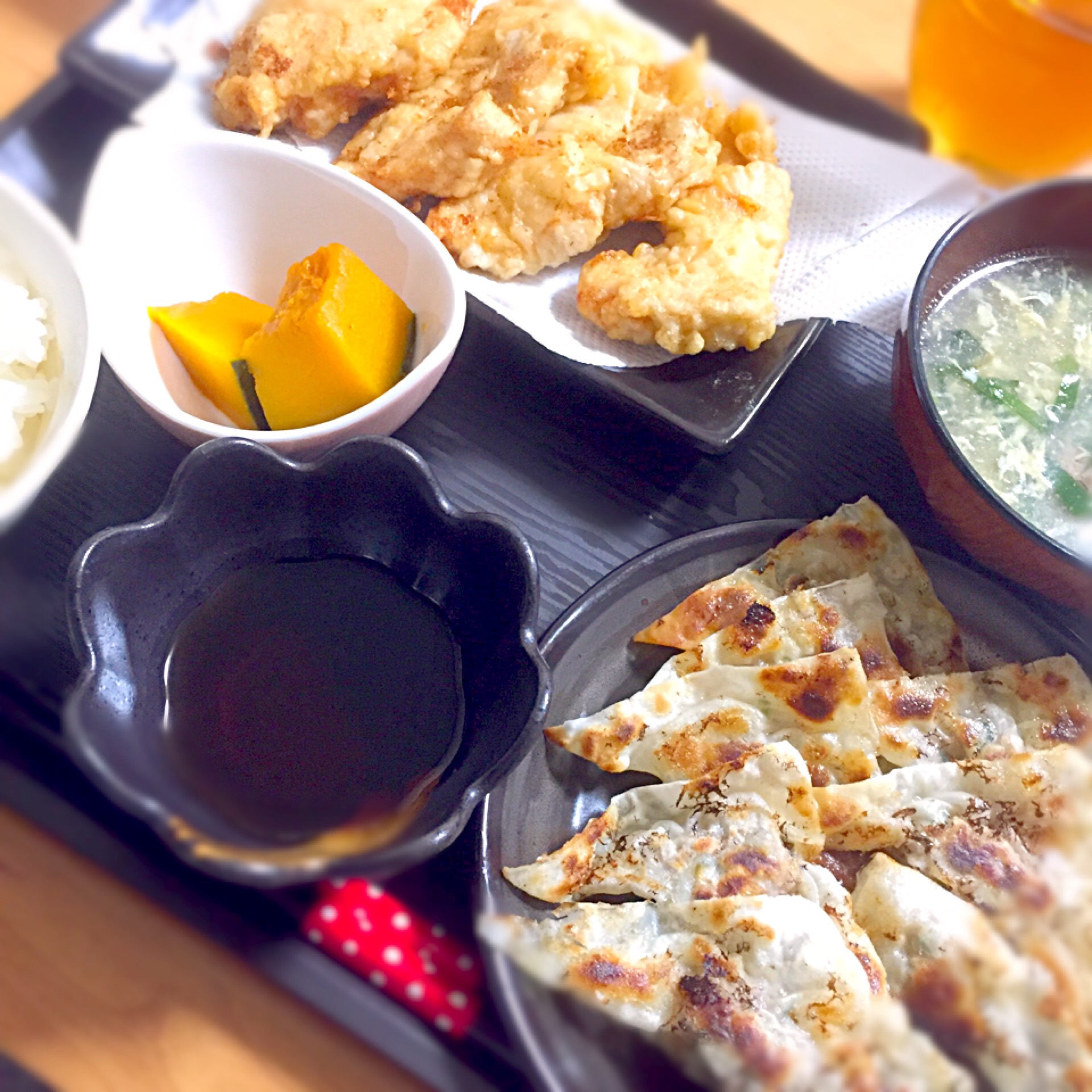 ✱とり天
✱三角餃子
✱ニラ玉スープ
✱かぼちゃの煮物