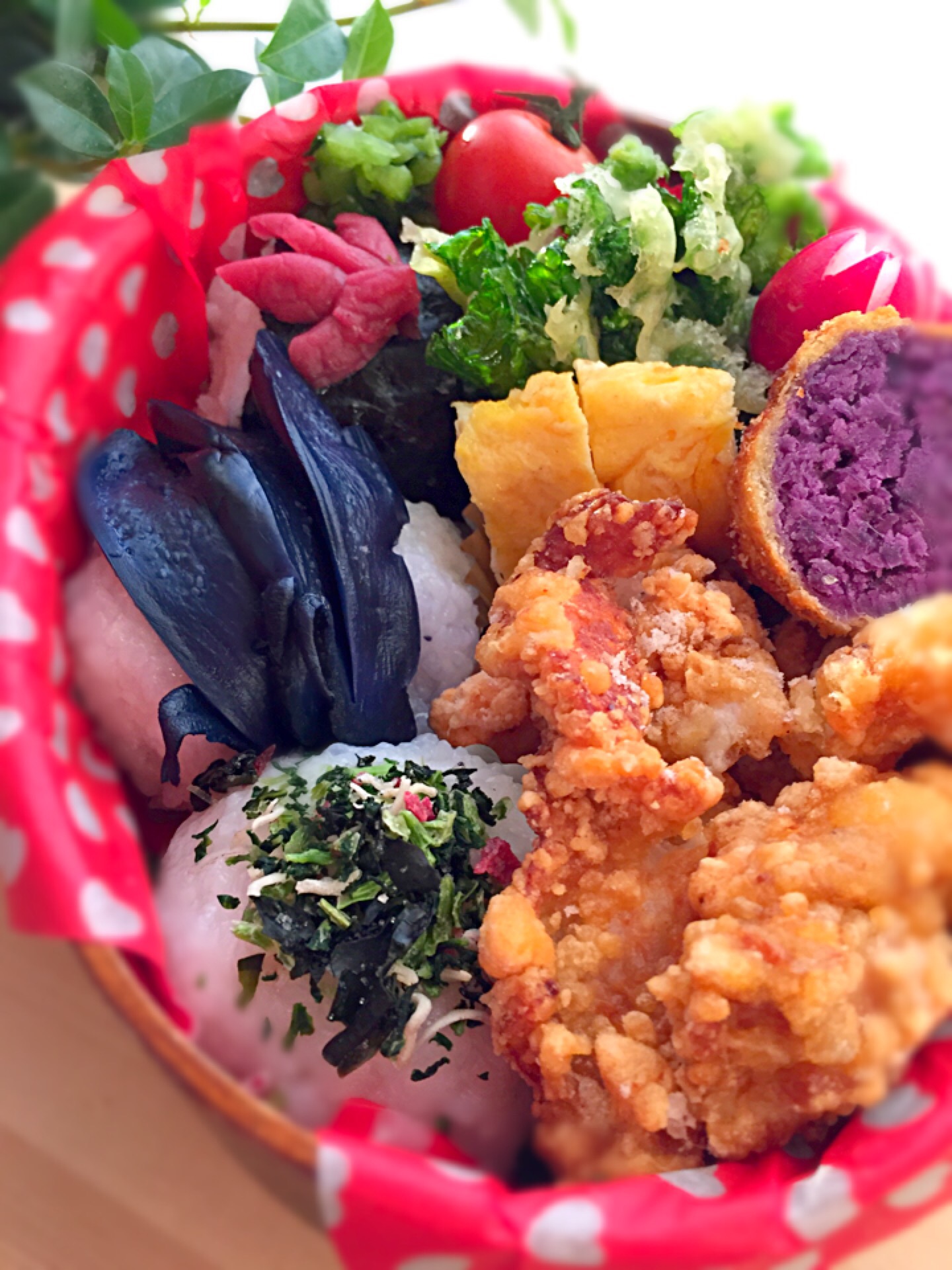 マイ弁当 小茄子と梅干しと花ちりめんおにぎり にやみつき唐揚げに菜の花天ぷら さえちゃん Snapdish スナップディッシュ Id R0dija