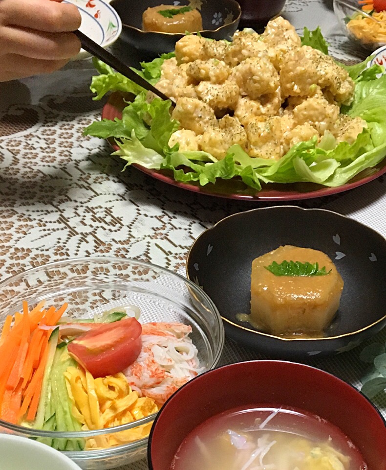 鶏マヨ マロニーサラダ 冷やし中華風味噌煮大根 大葉卵スープ ヨシヨシ Snapdish スナップディッシュ Id C5hpda