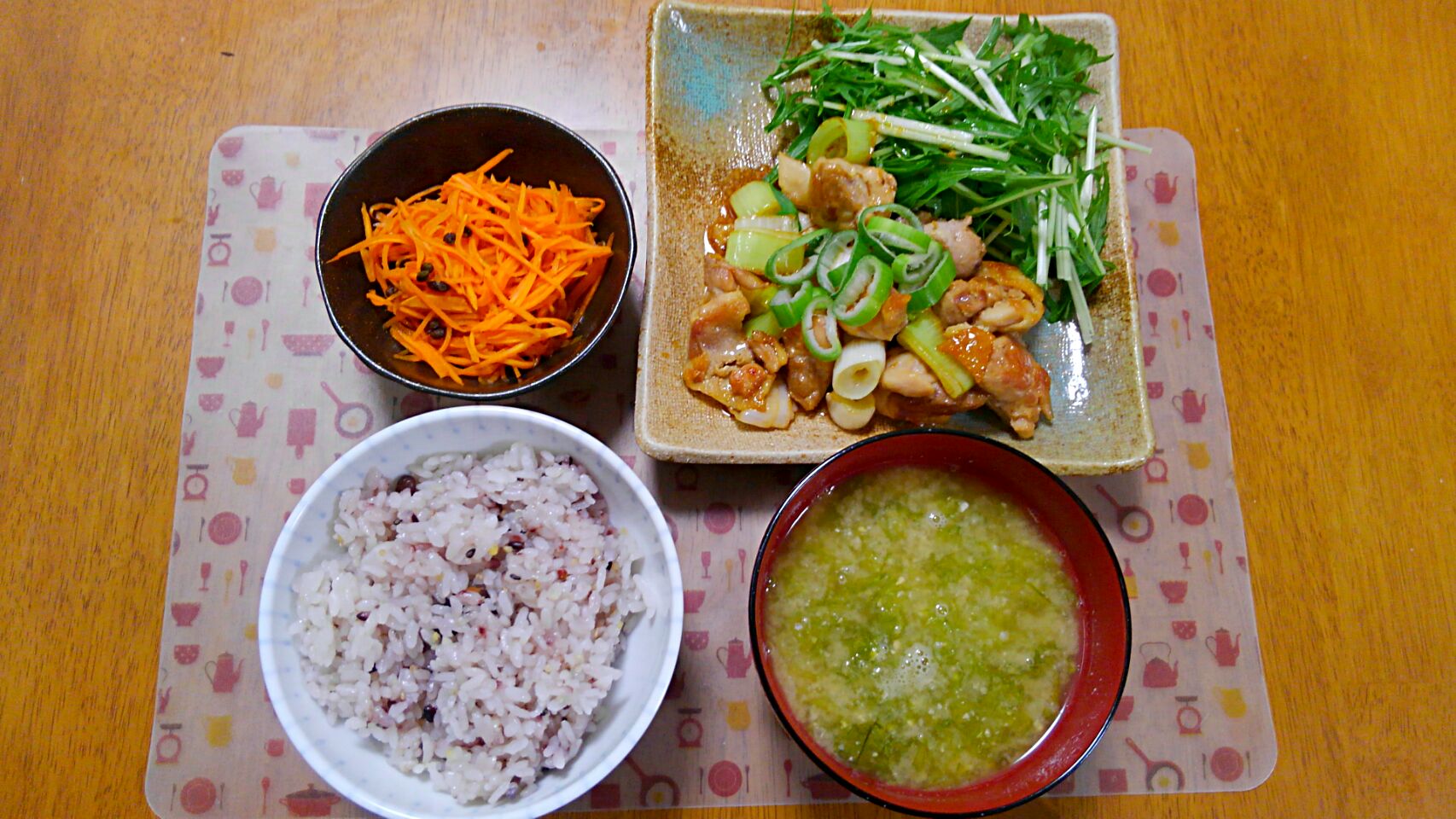 月 日 鶏もも肉と白ネギの照り焼き にんじんの和風サラダ あおさのお味噌汁 いもこ Snapdish スナップディッシュ Id Akynia