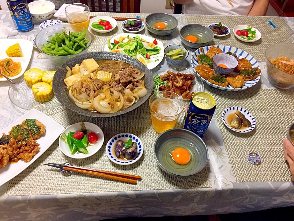 宮崎牛のすき焼きもどき 川海老の唐揚げ つくねの照り焼き 春雨サラダ オクラとトマト白だし付け なすの煮浸し りょう Snapdish スナップディッシュ Id D5e5fa