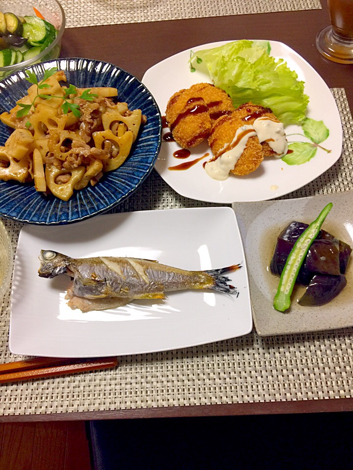 黒ムツの塩焼き レンコンと豚肉の甘辛炒め ナスの揚げ煮浸し 海老カツ りょう Snapdish スナップディッシュ Id Gw4uba