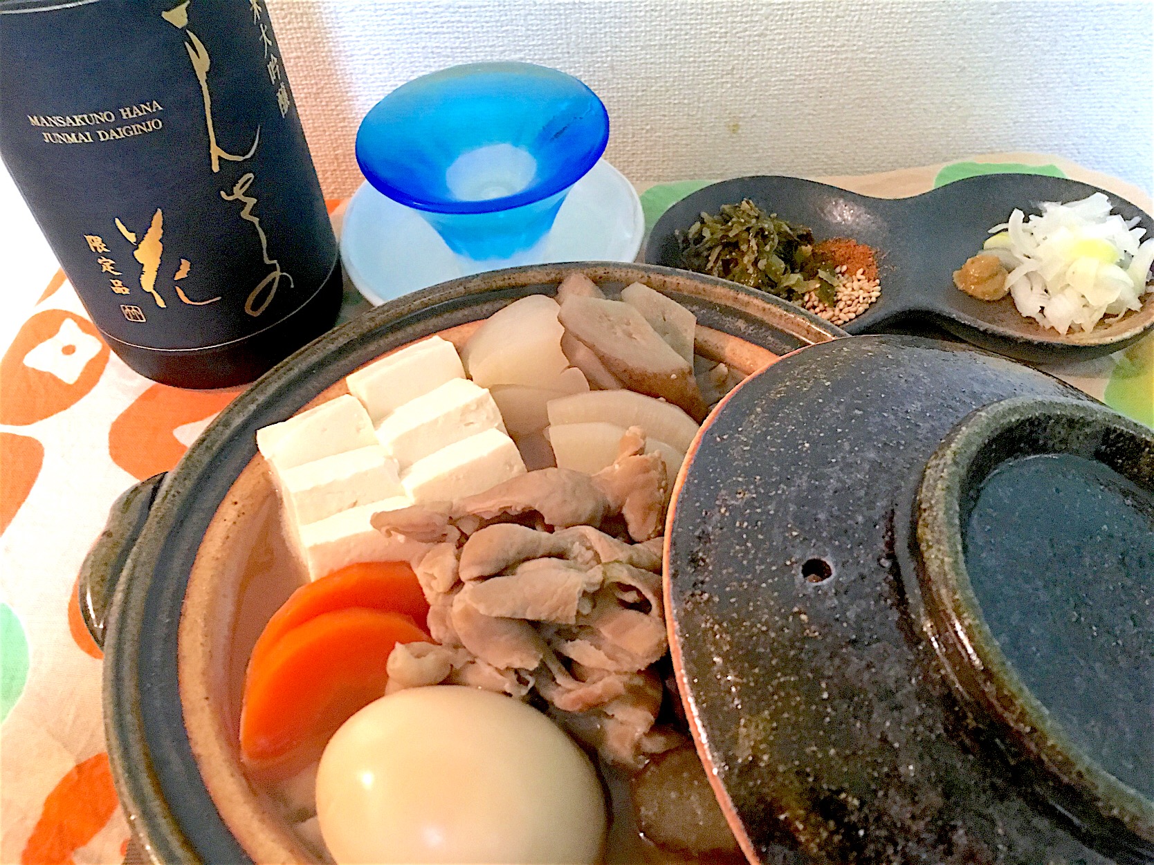 柳川鍋でモツ煮
5種の薬味
まんさくの花 純米大吟醸 袋吊り（秋田）