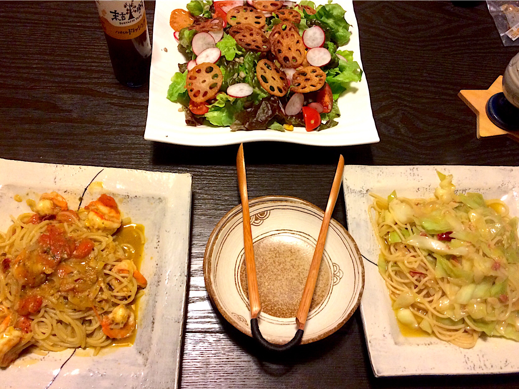 18 01 31夜ご飯 パスタエビとトマトのバジルパスタキャベツと酒盗のペペロンチーノ サラダよるごはん おうちごはん かな Snapdish スナップディッシュ Id Woszma