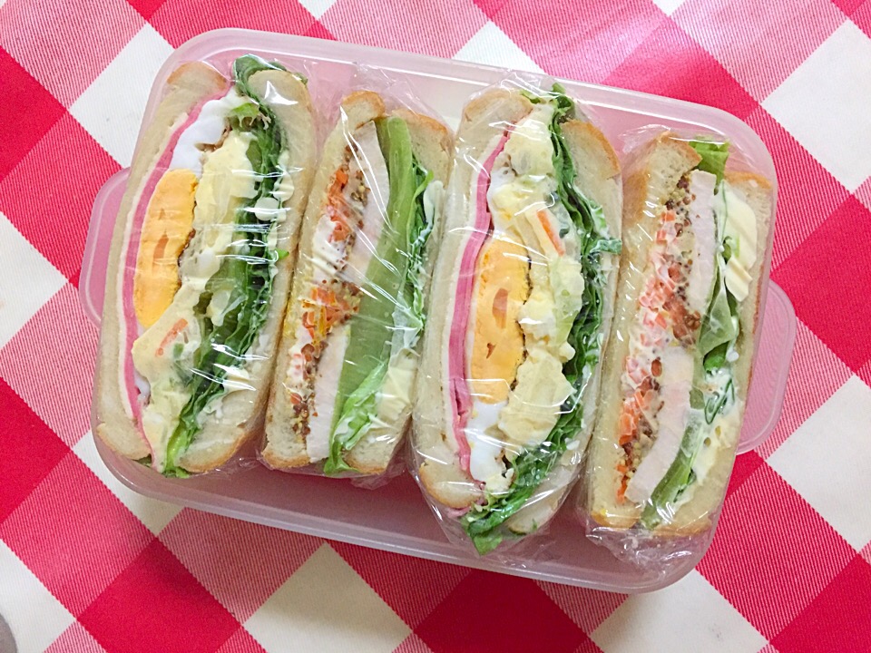 20180606兄弁当 食パン4枚で足りるだろーーー具はポテサラハムたまごチーズと ニンジンサラダチキン デザートに蒟蒻畑 Hanako Snapdish スナップディッシュ Id W1grxa