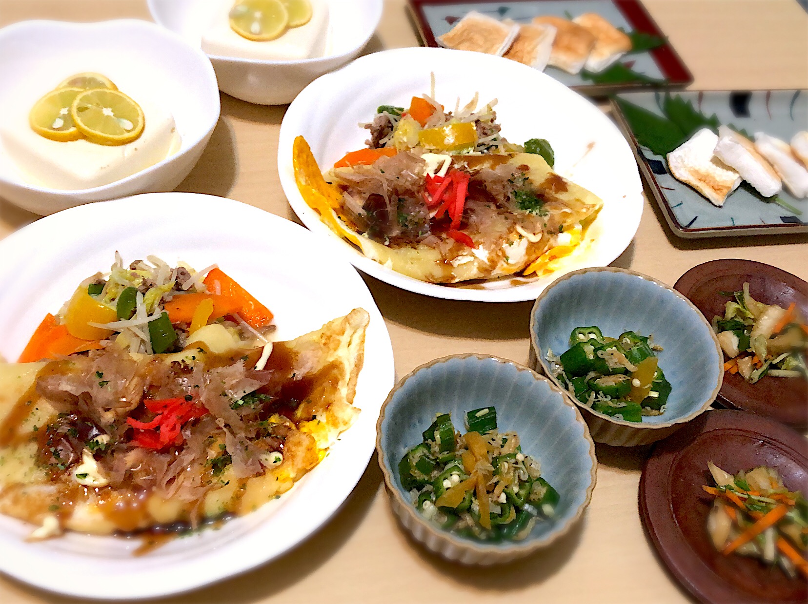 9 18夕食 晩ごはん献立とん平焼き 野菜炒め ゆずっ子豆腐 はんぺん オクラの和え物 漬物 おさんどん Snapdish スナップディッシュ Id Sssbba