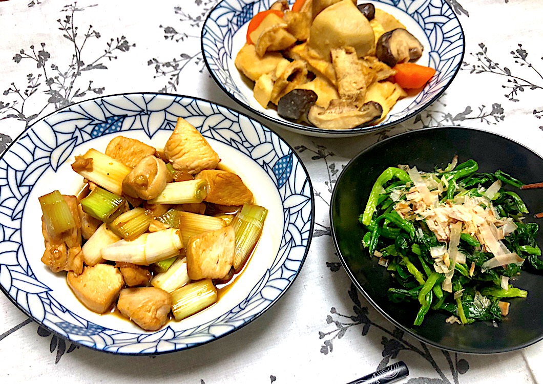 12 14おうちディナー 里芋と根野菜の煮物 鶏肉とネギの炒め煮 ほうれん草のおひたし さとみ Snapdish スナップディッシュ Id Q80qza