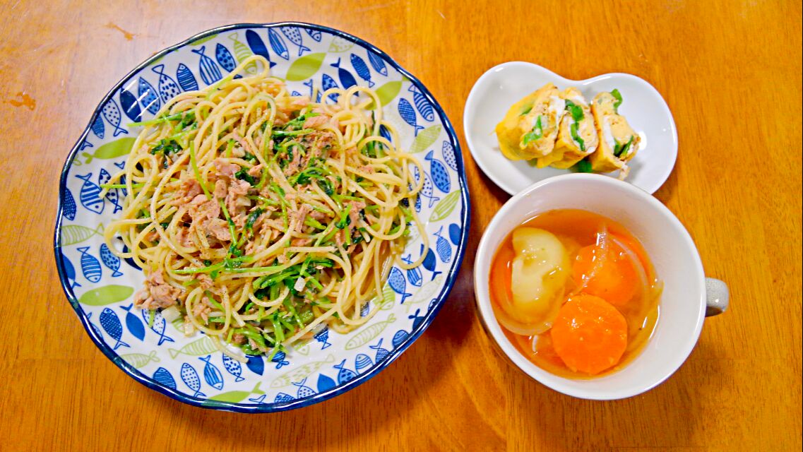 月 日 ツナと豆苗のにんにく醤油パスタ 野菜スープ だし巻き いもこ Snapdish スナップディッシュ Id 44cpba