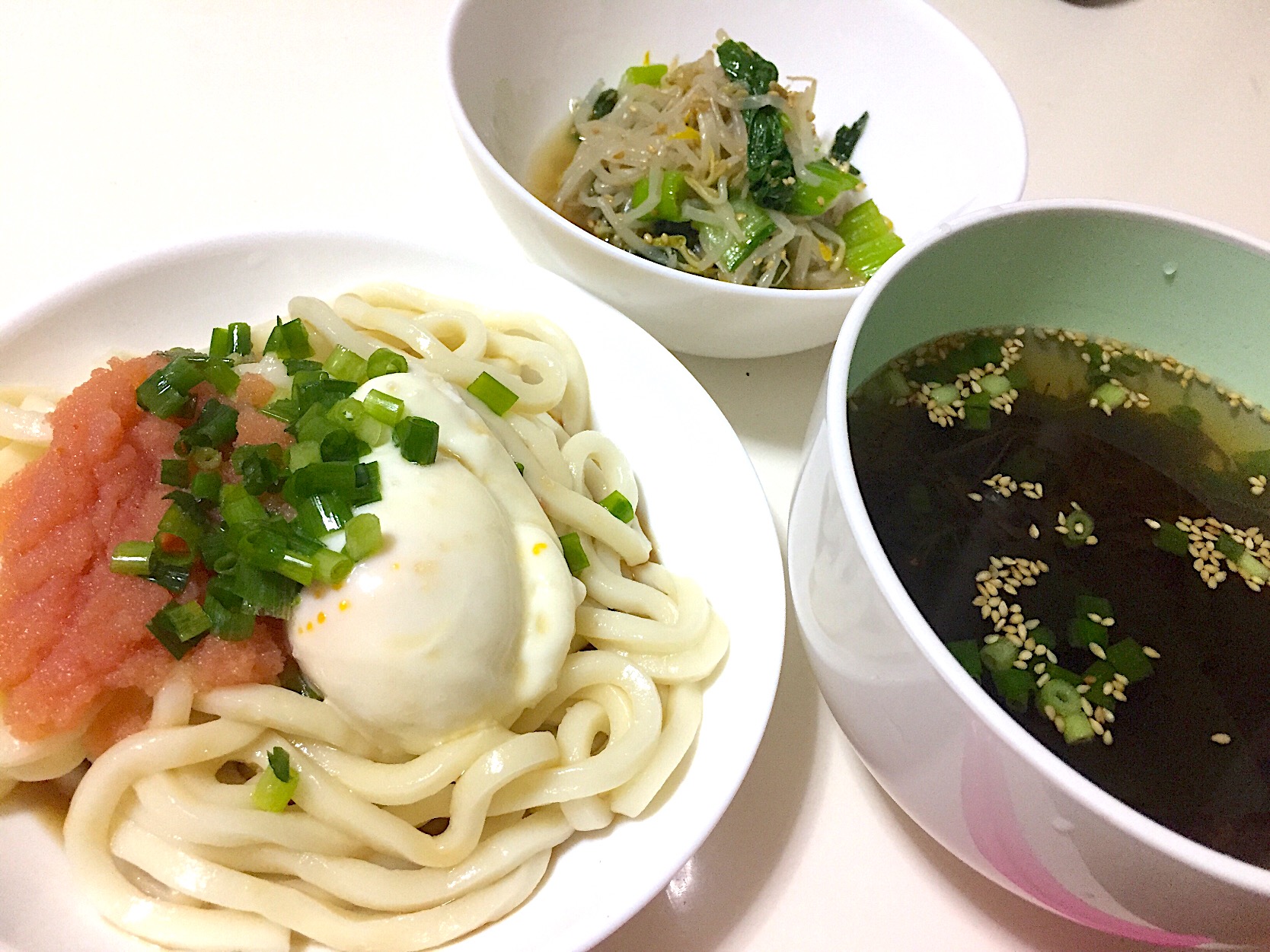 めんたい釜玉うどん くろめとワカメのスープ チンゲン菜ともやしのナムル Maaaako Snapdish スナップディッシュ Id Dqao4a