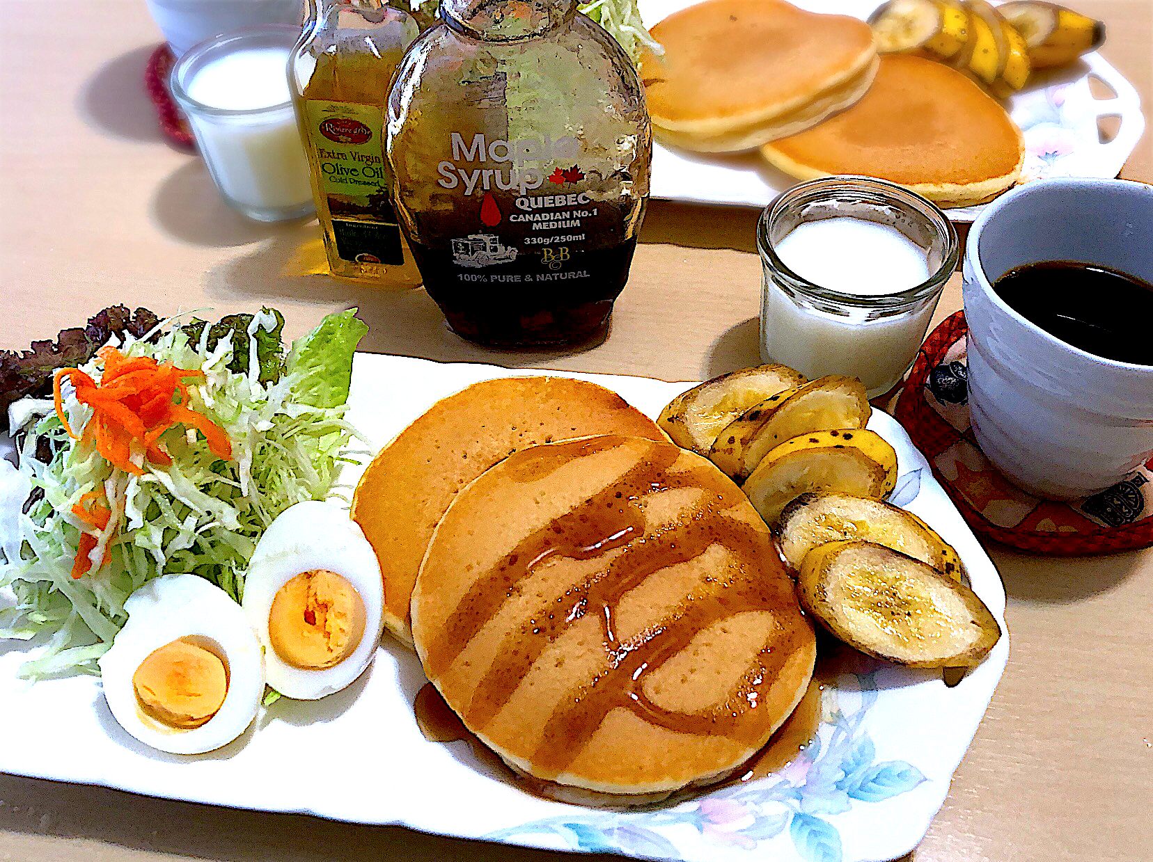 10 29 土 朝食朝ごはん ホットケーキ サラダ ゆで卵 バナナ 牛乳 コーヒー おさんどん Snapdish スナップディッシュ Id Dn8mna