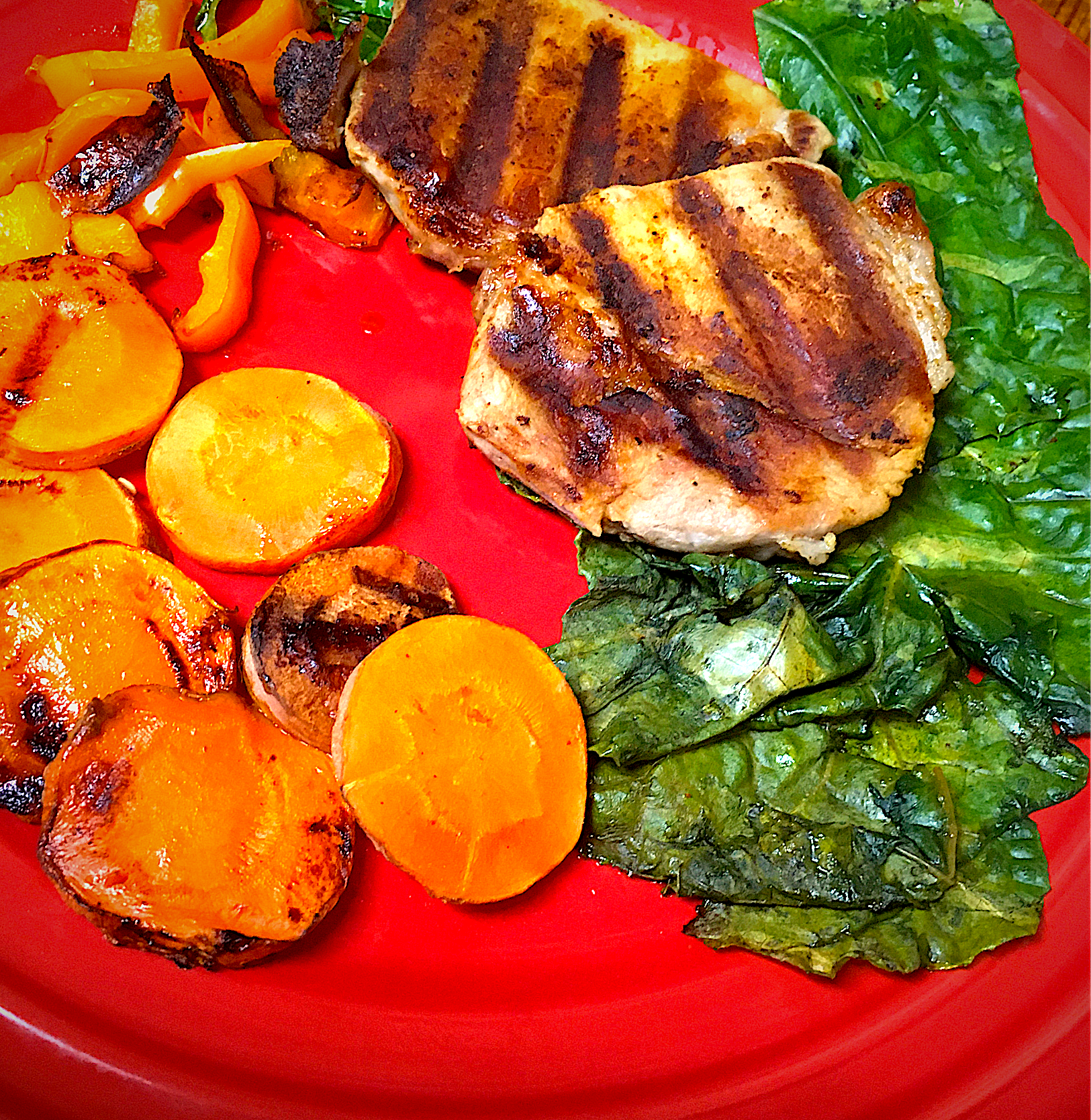 BBQ Grilled Pork Loin, Grilled Carrots and Yellow Bell Peppers & Fresh Kale