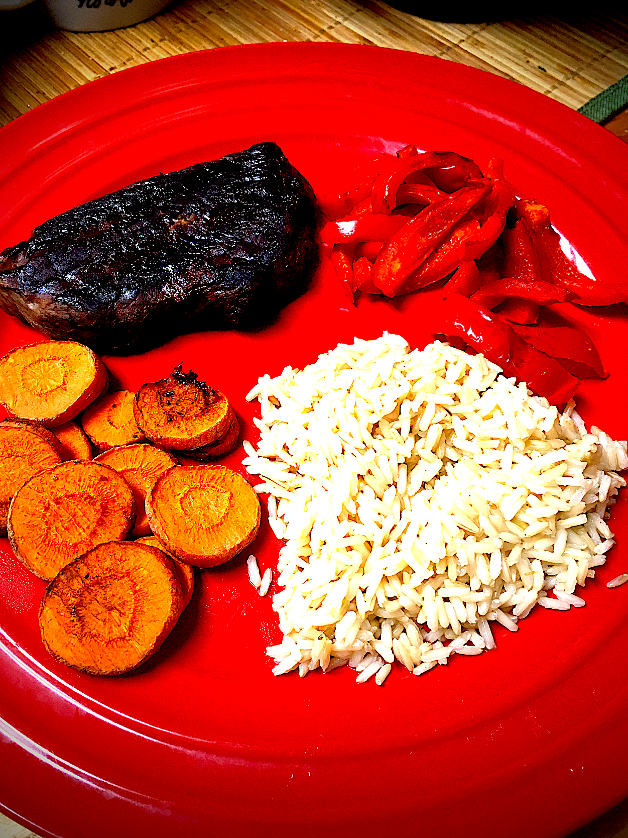 Grilled Petite Sirloin, Carrots and Red Pepper W/Brown Rice