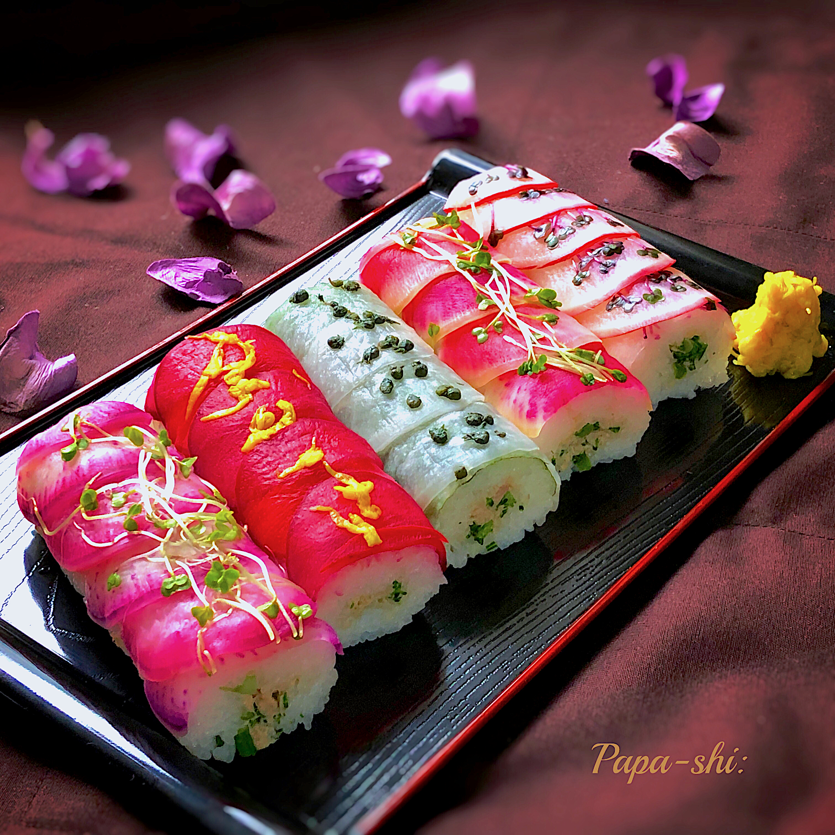 節分👹ひな祭り🎎に😊　 大根5種のカラフルロール寿司‼️ 恵方巻の代わりにも（╹◡╹）