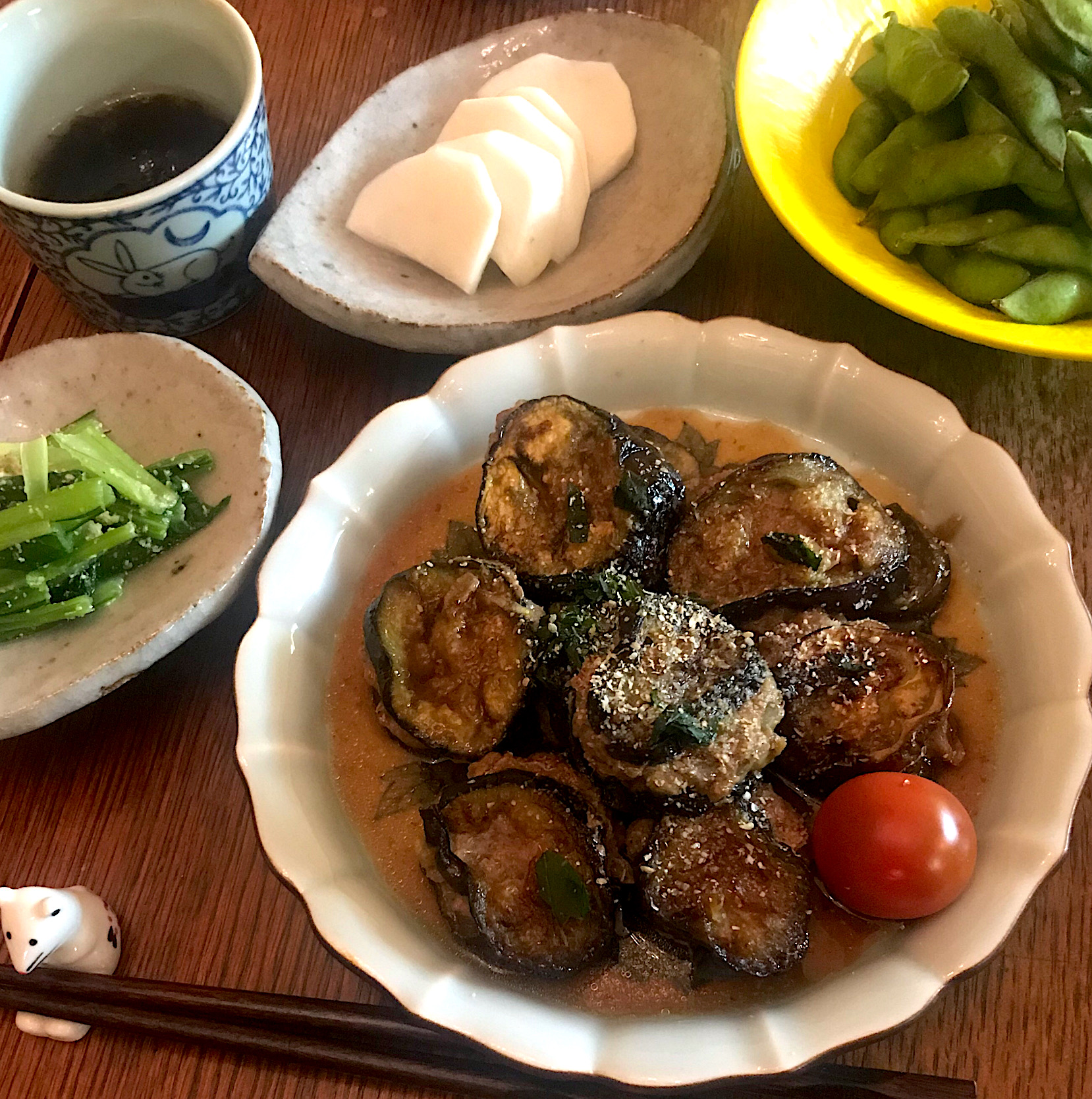 晩ごはんギルトフリー ギルトフリー料理に挑戦 野菜たっぷりの副菜で 茄子のはさみ焼き 小松菜 Snapdish スナップディッシュ Id Hydhka