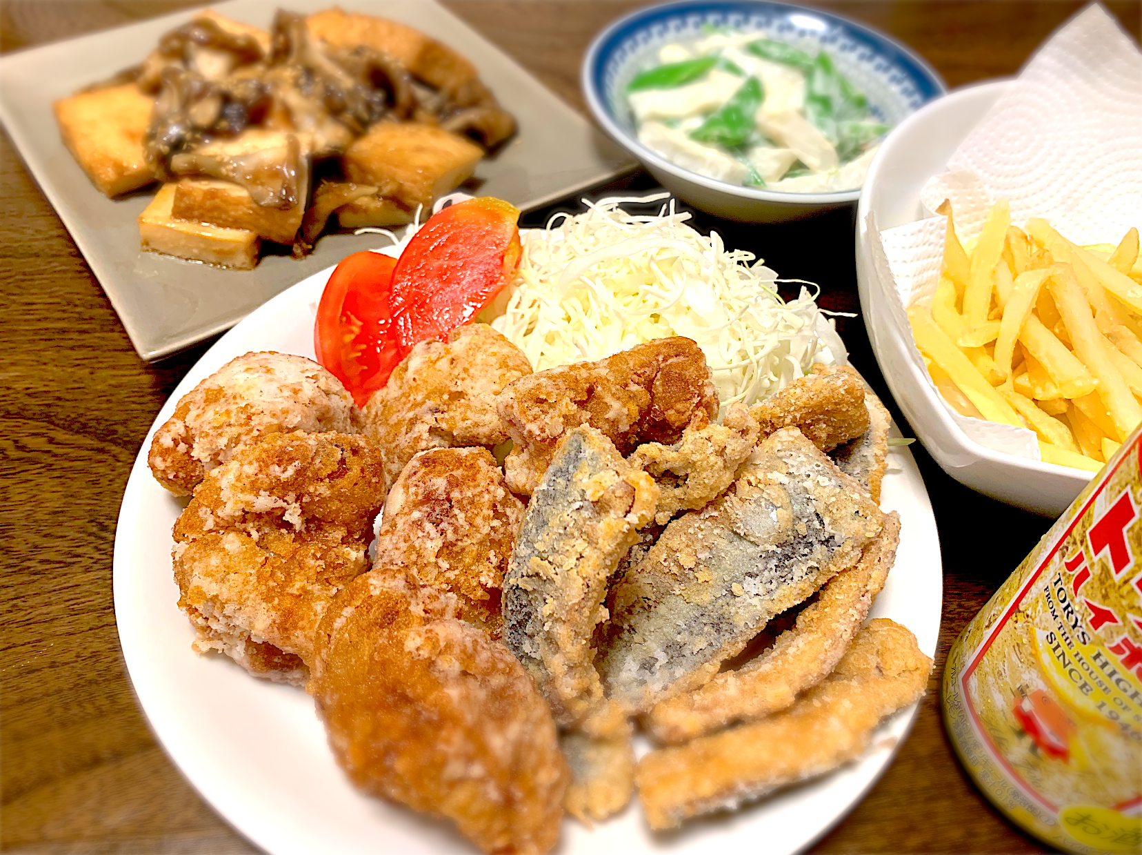 鶏の竜田揚げ 秋刀魚の竜田揚げ フライドポテト 厚揚げと舞茸の照り焼き スナップえんどうと笹かまのマヨ和え なちゃむ Snapdish スナップディッシュ Id Ldl8ba