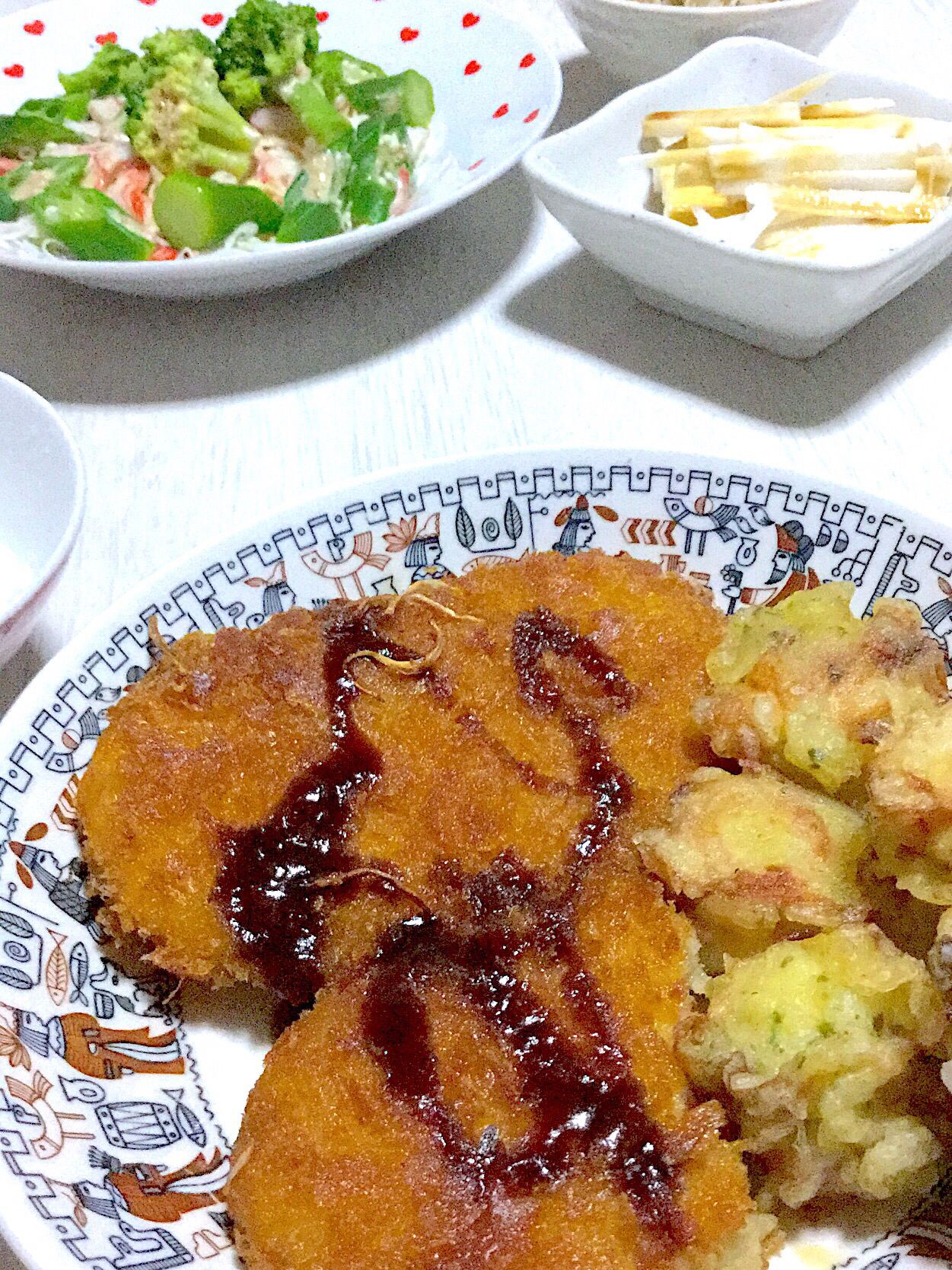 コロッケ ちくわなチーズ磯辺揚げ もやしの胡麻油炒め カニカマサラダ 山芋のたんざく切り Aya Snapdish スナップディッシュ Id Ywpk9a