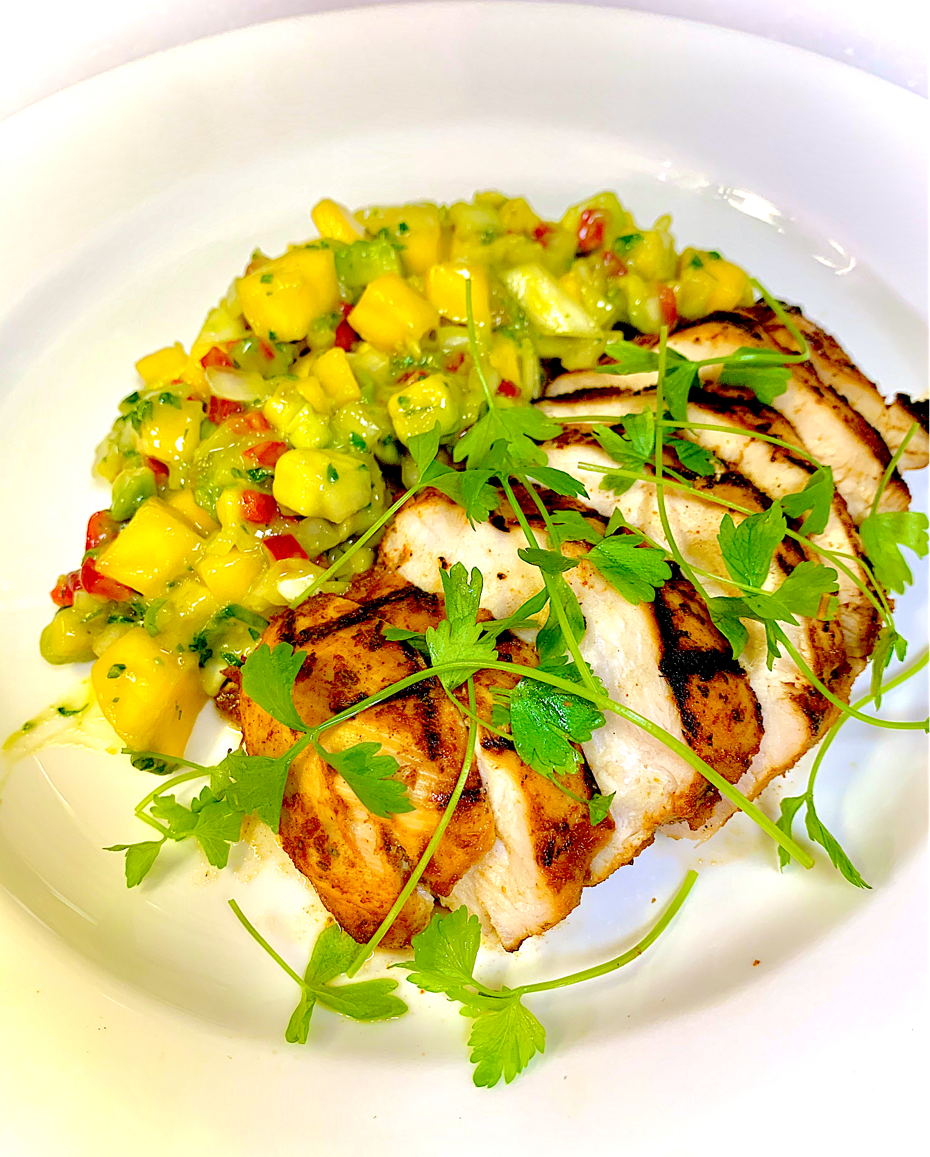Cilantro Lime Grilled Spiced Chicken with Mango Avocado Salsa