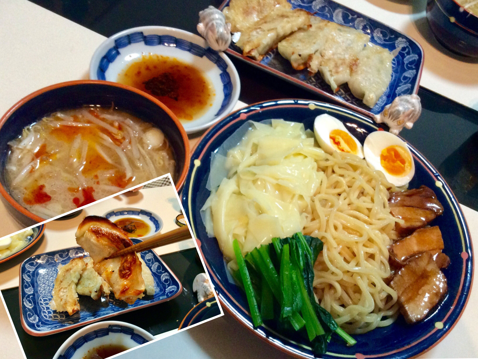 豚骨醤油つけ麺 煮豚とワンタンの皮 小松菜 油断して火を通しすぎたゆで卵つけ汁に炒めたもやしをスーパーの餃子は 両面焼きで上の方が焦げた感じいい Takeshi Nagaki Snapdish スナップディッシュ Id 4tphma