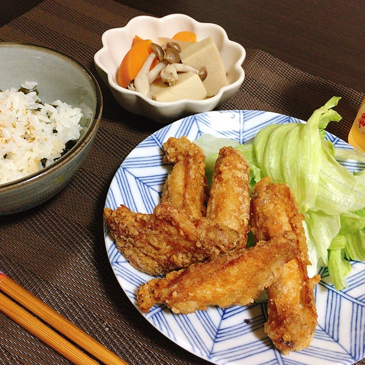 手羽中の唐揚げ 根菜と高野豆腐の煮物 わかめごはん ちぐあさ Snapdish スナップディッシュ Id Nnwqga