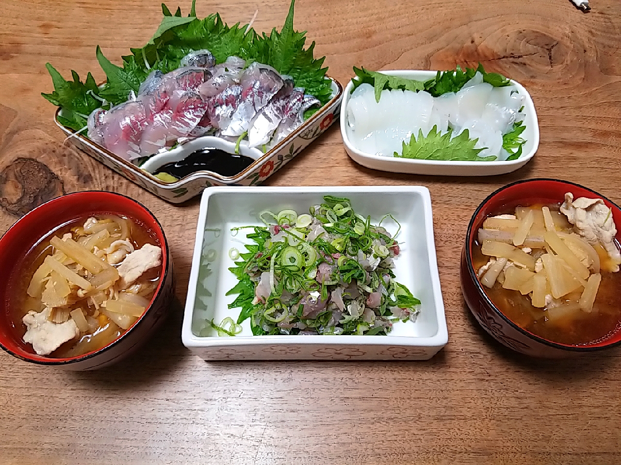 夜ご飯自分で釣った鯵のたたきと剣先イカのお造りと豚汁 Nonta Snapdish スナップディッシュ Id Aijsra