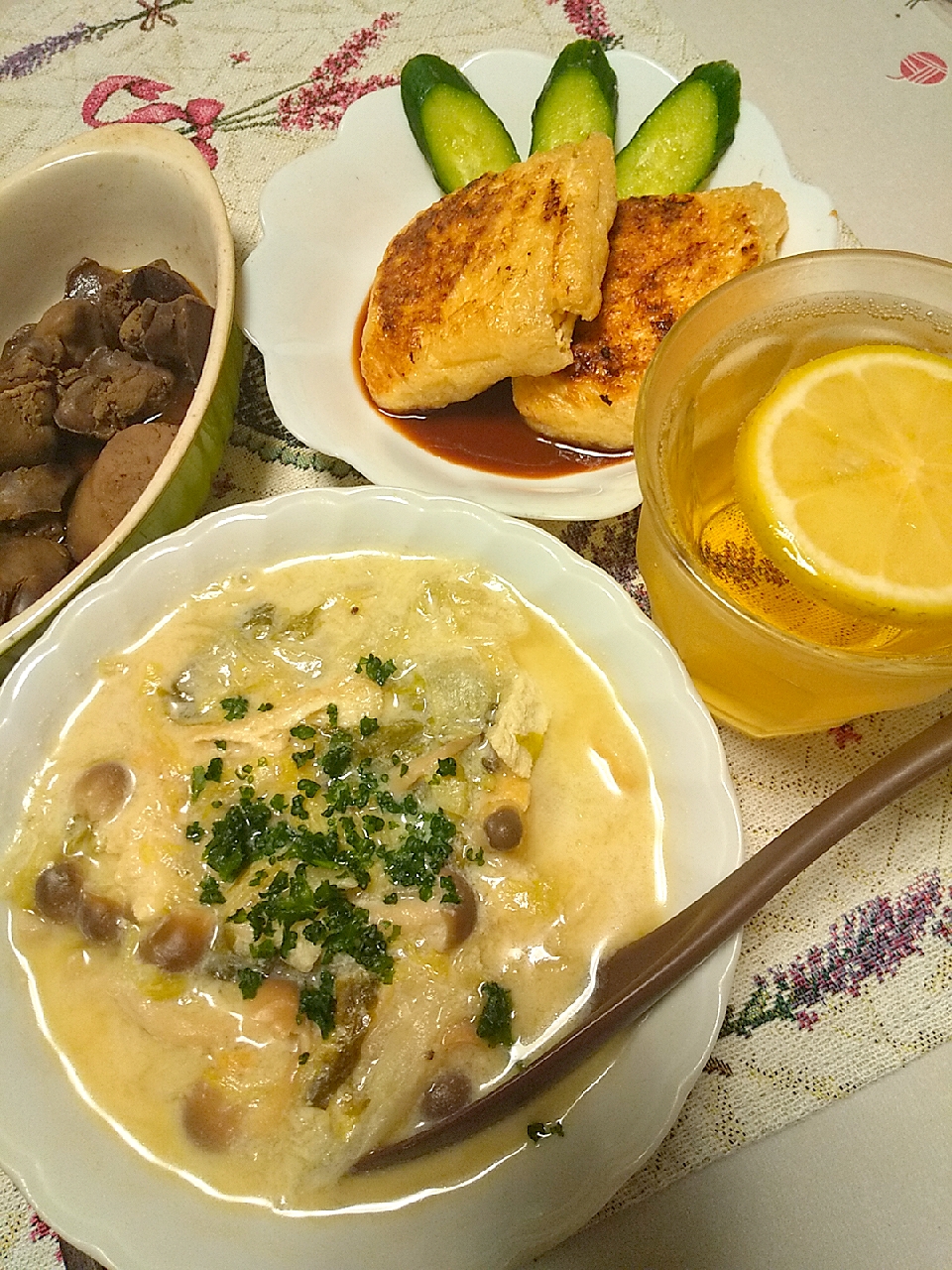 今日の晩御飯白菜しめじ油揚げの豆乳コンソメスープ油揚げのコーンクリームコロッケ風鶏レバーの甘辛煮ハイボール れあmix Snapdish スナップディッシュ Id Bvytta