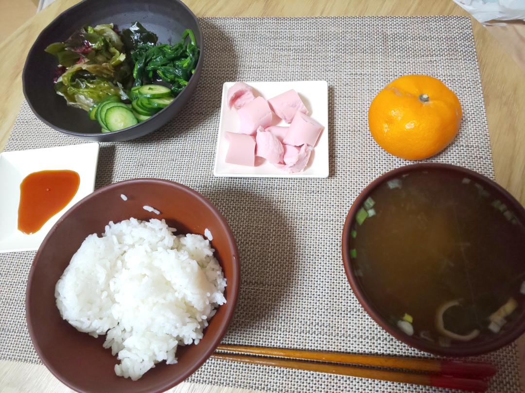 白飯 カイワレの味噌汁 魚肉ソーセージ レタスの海藻サラダ ほうれん草の塩ゆで スライスきゅうり みかん あぎふぁん Snapdish スナップディッシュ Id Tgnsma