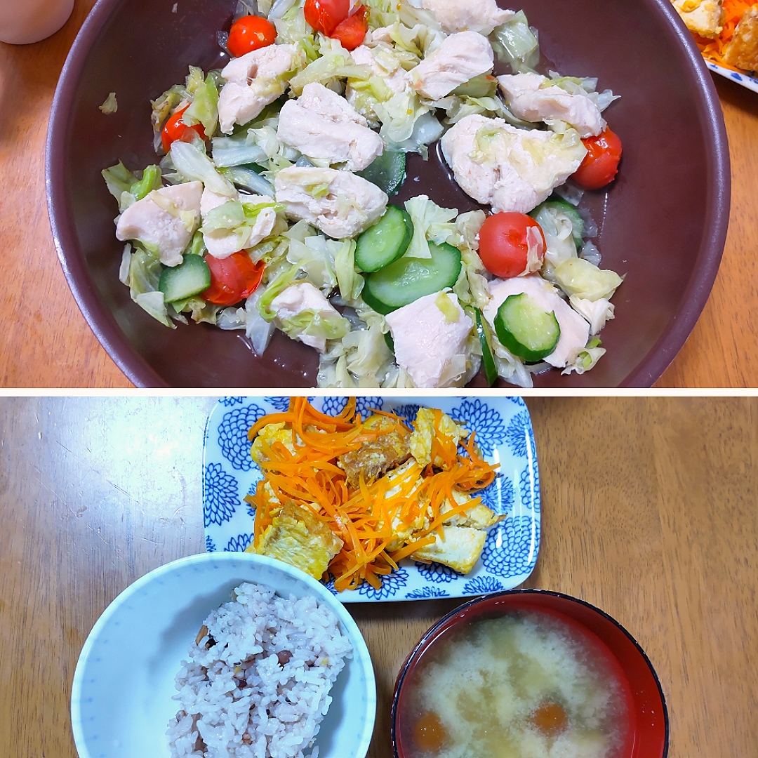 月 日 鶏むね肉とキャベツの塩麹蒸し 厚揚げ卵のにんじんしりしり なめことわかめのお味噌汁 いもこ Snapdish スナップディッシュ Id K4gwra