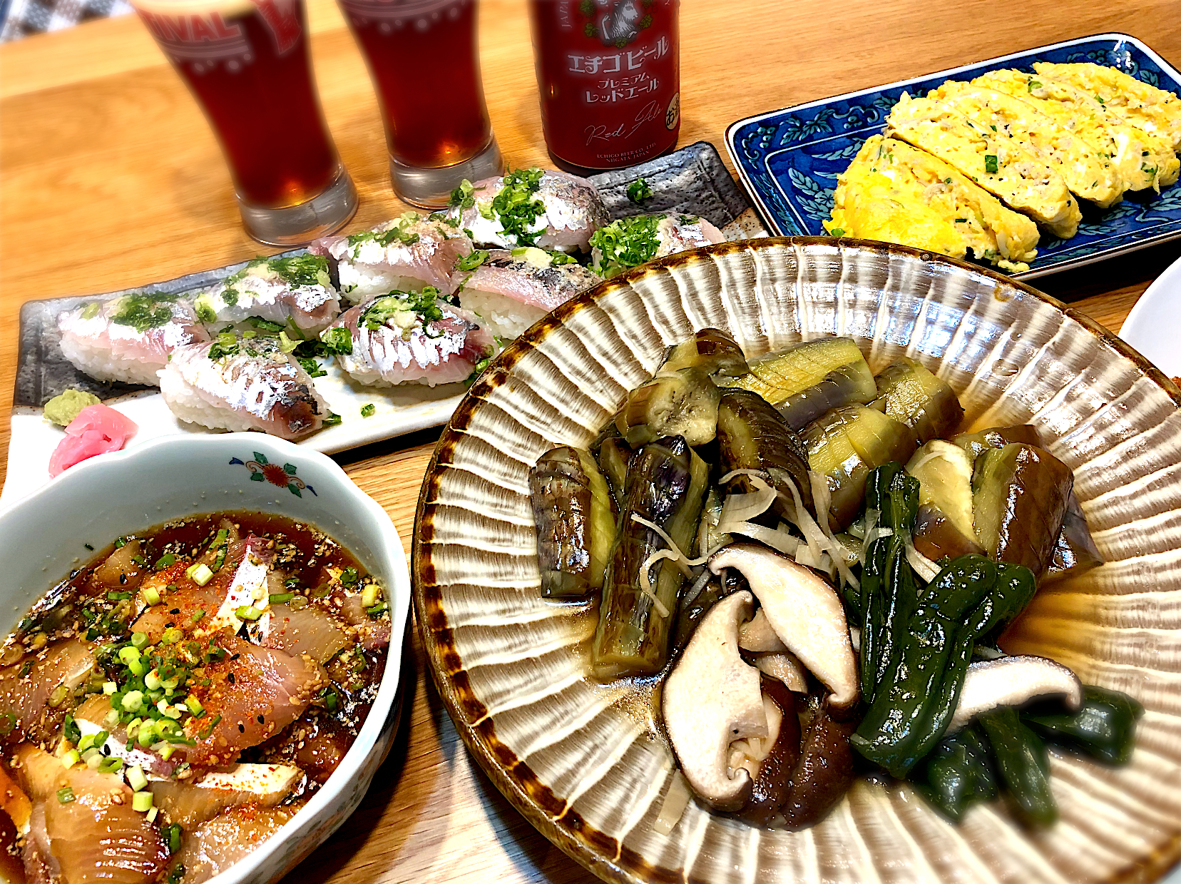 関ブリのリュウキュウ 煮浸し 茄子 ピーマン 椎茸 しらす卵焼き 鯵寿司 じゅんさん Snapdish スナップディッシュ Id Ldsioa