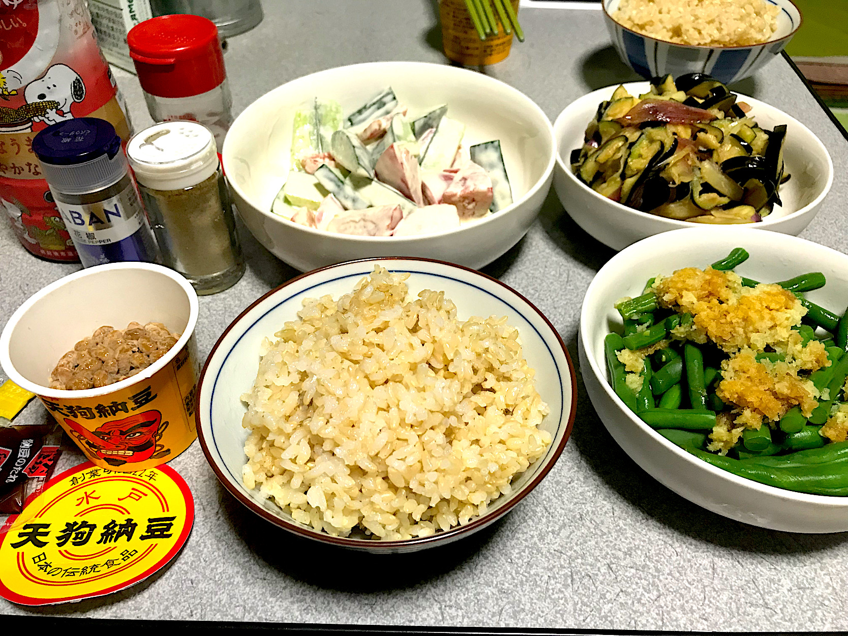 完全に全体的に夏の味がした夕飯 ロウカット玄米ご飯 水戸天狗納豆 インゲン 生姜 納豆塩トマトきゅうり鶏ガラマヨ和え ミョーガ茄子ポン酢浅漬け Ms903 Snapdish スナップディッシュ Id O8ukea