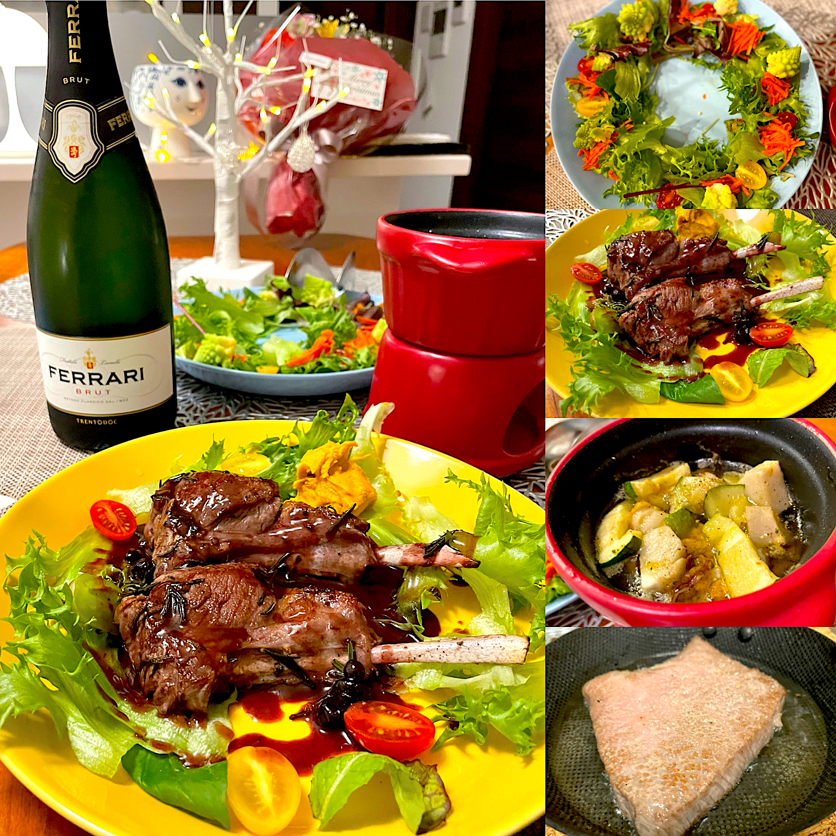ラムチョップのブルーベリーソース、飛騨牛ステーキ、アヒージョとサラダの宴
