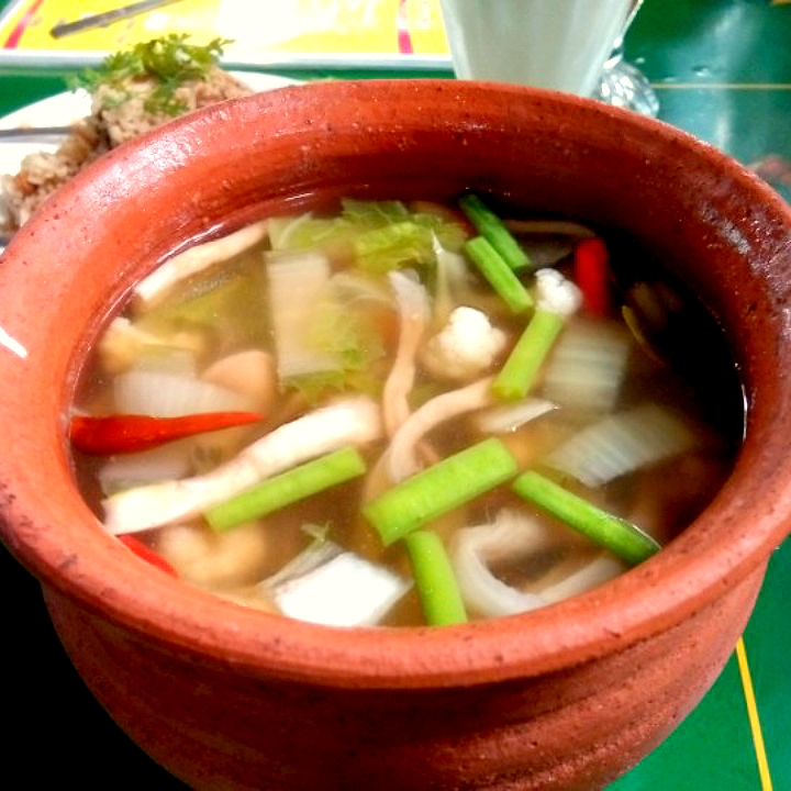 burmese traditional village organic mix vegetable soup with dry prawn powder