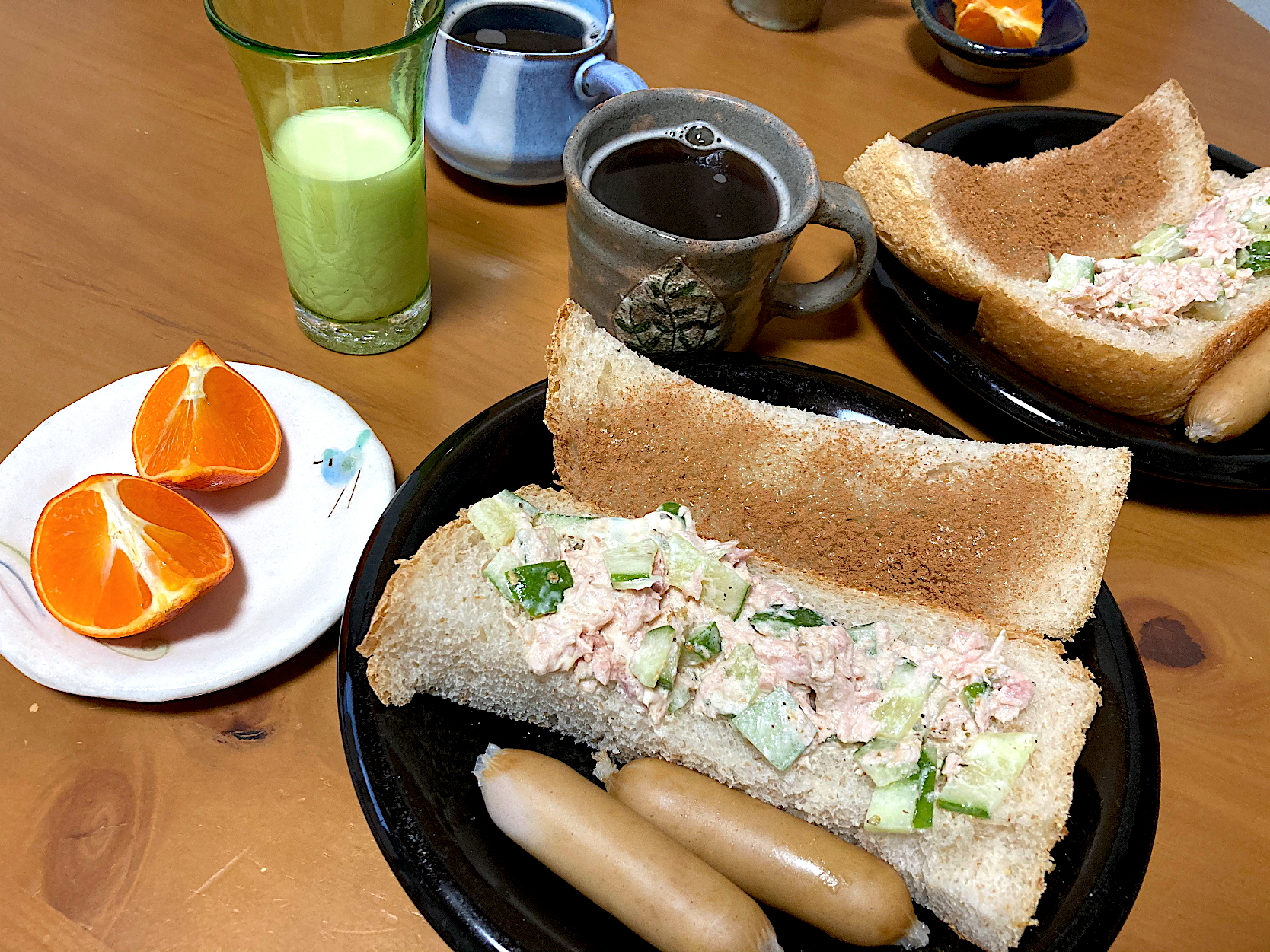 朝焼き甘酒食パンで 甘こうじ蜂蜜シナモントースト ツナオープンサンド マンダリンみかん 穀物コーヒー 飲むヨーグルト2 1朝ご飯 さくたえ Snapdish スナップディッシュ Id Nfsvva