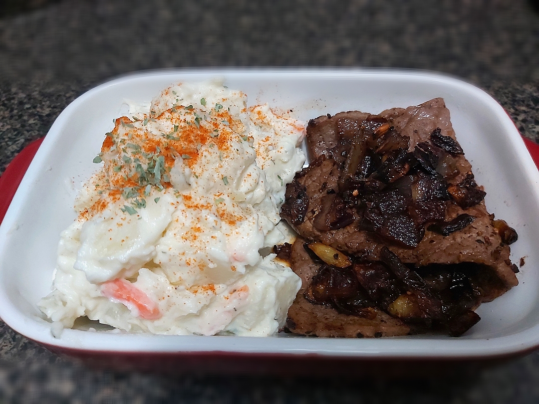 BentoFox's dish BentoFox's dish Grilled AAA angus sandwich steak,  topped with caramelized onion seasoned with a maple bacon flavored salt 🍁 🥓 
Accompanied by a side of fresh made potato salad 