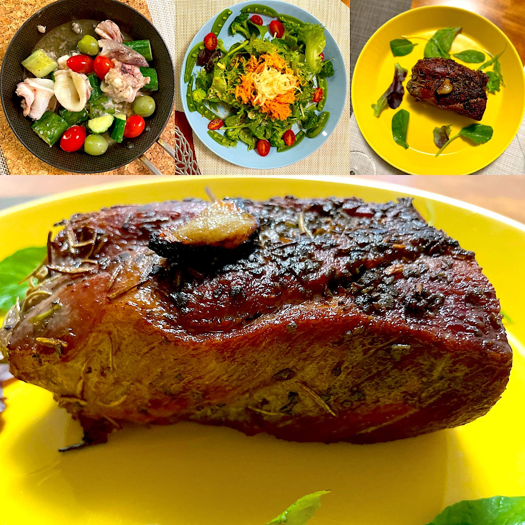 豚肉のコンフィ、イカときゅうりのアヒージョとサラダの宴