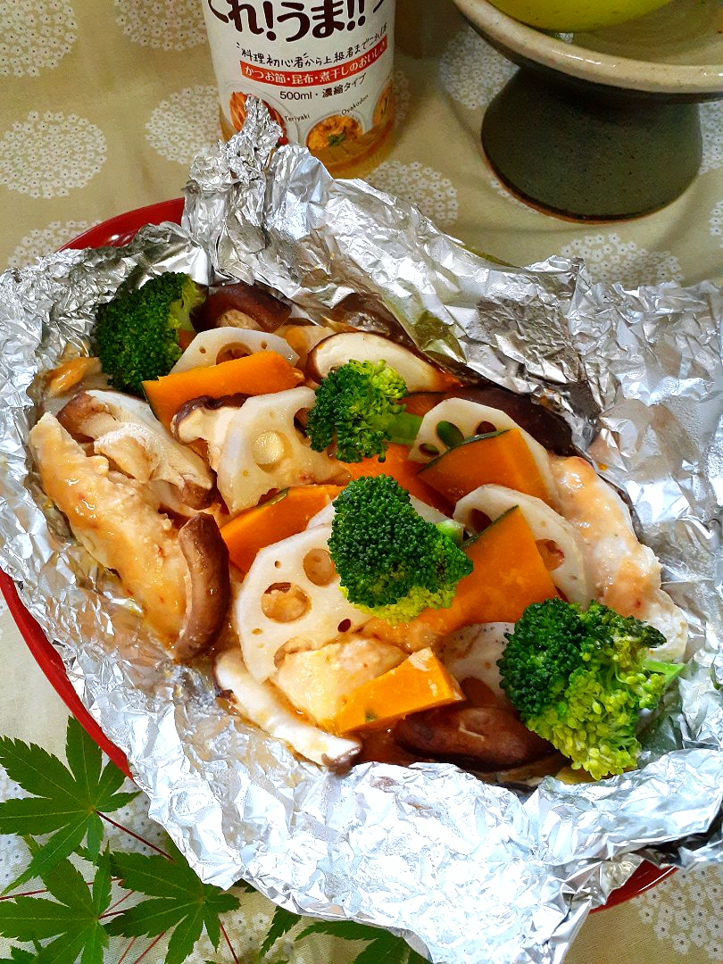 ササミと野菜の味噌マヨピリ辛ホイル焼き🎃